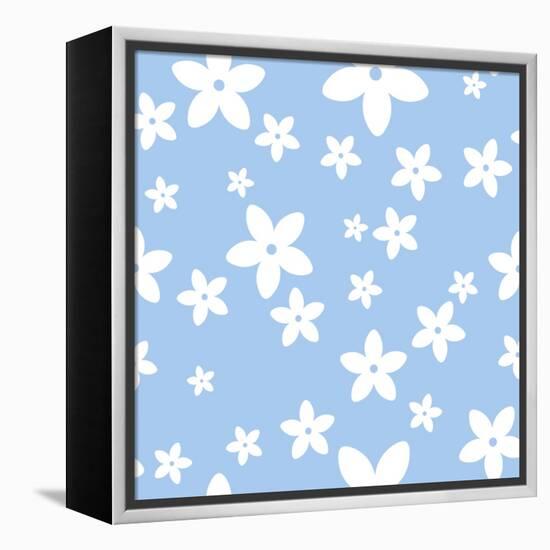 Vector Seamless Pattern with White Flowers on a Blue Background.-Naddiya-Framed Stretched Canvas