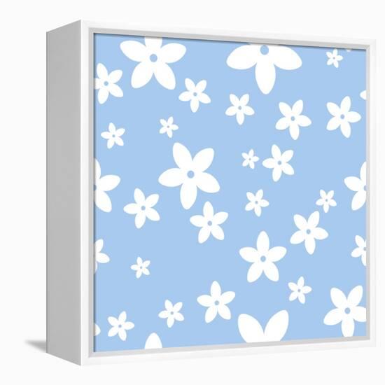 Vector Seamless Pattern with White Flowers on a Blue Background.-Naddiya-Framed Stretched Canvas