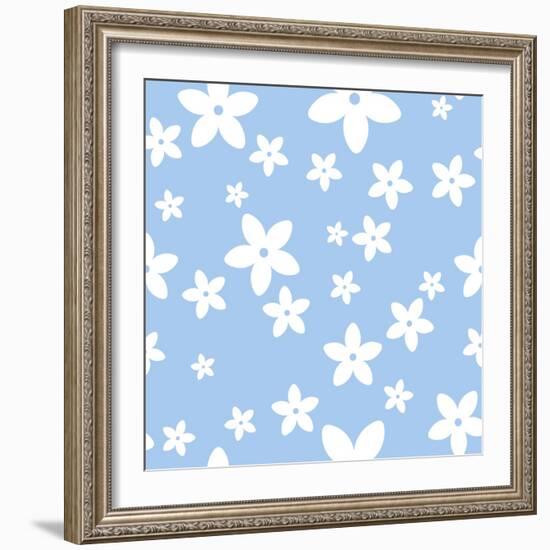 Vector Seamless Pattern with White Flowers on a Blue Background.-Naddiya-Framed Art Print