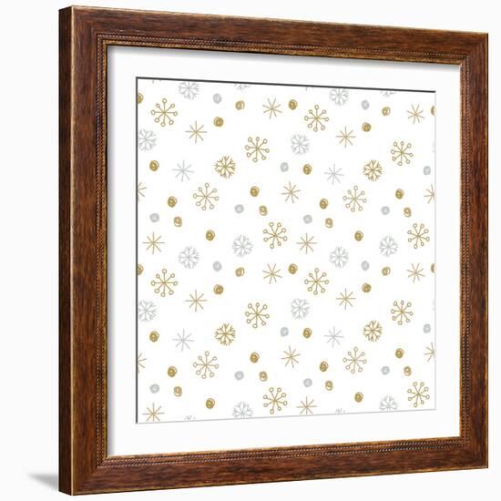 Vector Seamless Winter Pattern Background with Sikver and Gold Snowflakes. Can Be Used for Textile,-mcherevan-Framed Art Print