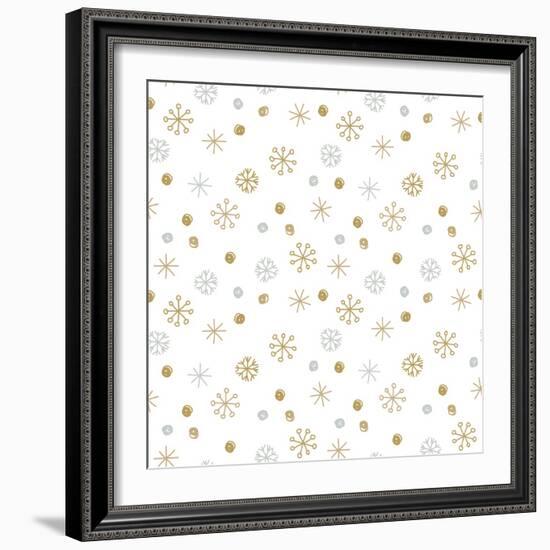 Vector Seamless Winter Pattern Background with Sikver and Gold Snowflakes. Can Be Used for Textile,-mcherevan-Framed Art Print