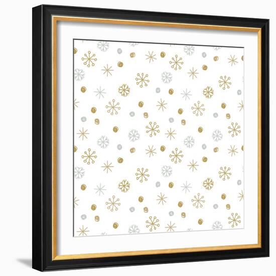 Vector Seamless Winter Pattern Background with Sikver and Gold Snowflakes. Can Be Used for Textile,-mcherevan-Framed Art Print