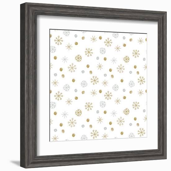 Vector Seamless Winter Pattern Background with Sikver and Gold Snowflakes. Can Be Used for Textile,-mcherevan-Framed Art Print