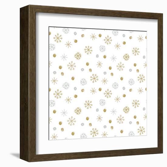 Vector Seamless Winter Pattern Background with Sikver and Gold Snowflakes. Can Be Used for Textile,-mcherevan-Framed Art Print