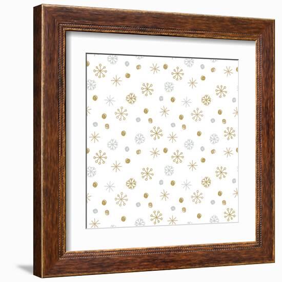 Vector Seamless Winter Pattern Background with Sikver and Gold Snowflakes. Can Be Used for Textile,-mcherevan-Framed Art Print