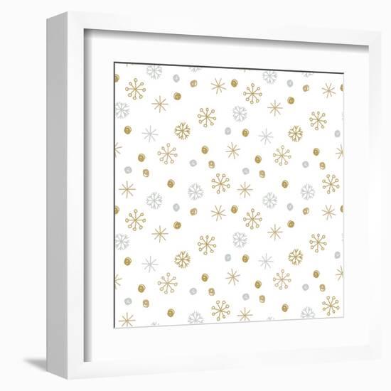 Vector Seamless Winter Pattern Background with Sikver and Gold Snowflakes. Can Be Used for Textile,-mcherevan-Framed Art Print