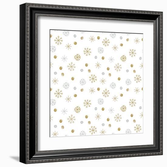 Vector Seamless Winter Pattern Background with Sikver and Gold Snowflakes. Can Be Used for Textile,-mcherevan-Framed Art Print