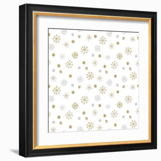 Vector Seamless Winter Pattern Background with Sikver and Gold Snowflakes. Can Be Used for Textile,-mcherevan-Framed Art Print