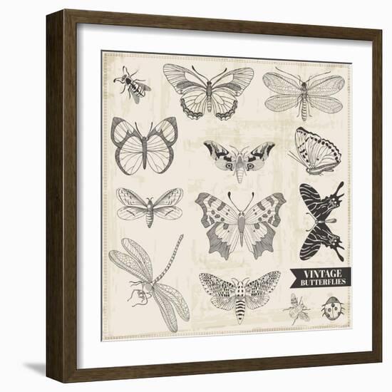 Vector Set: Calligraphic Hand Drawn Butterflies - for Design and Scrapbook - in Vector-woodhouse-Framed Art Print