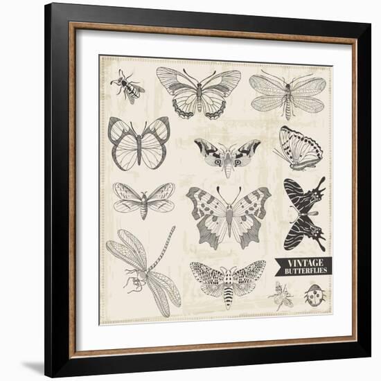 Vector Set: Calligraphic Hand Drawn Butterflies - for Design and Scrapbook - in Vector-woodhouse-Framed Art Print