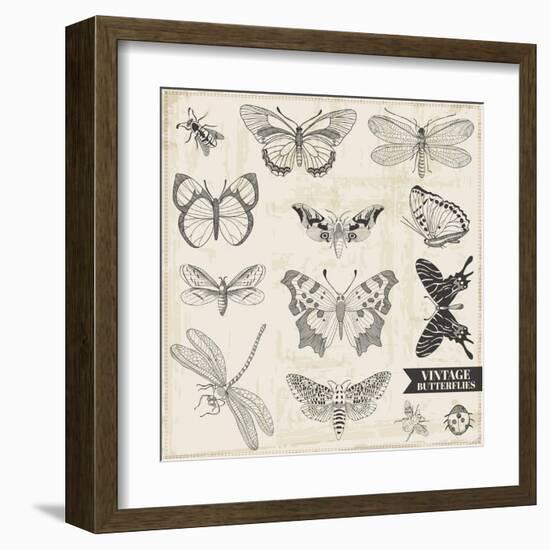 Vector Set: Calligraphic Hand Drawn Butterflies - for Design and Scrapbook - in Vector-woodhouse-Framed Art Print