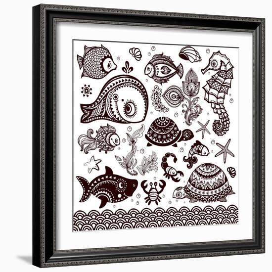 Vector Set of Fish, Shells and Flowers with Ornaments-transiastock-Framed Art Print