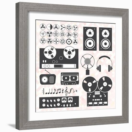 Vector Set: Retro Music Recording Equipment Objects-vreddane-Framed Art Print