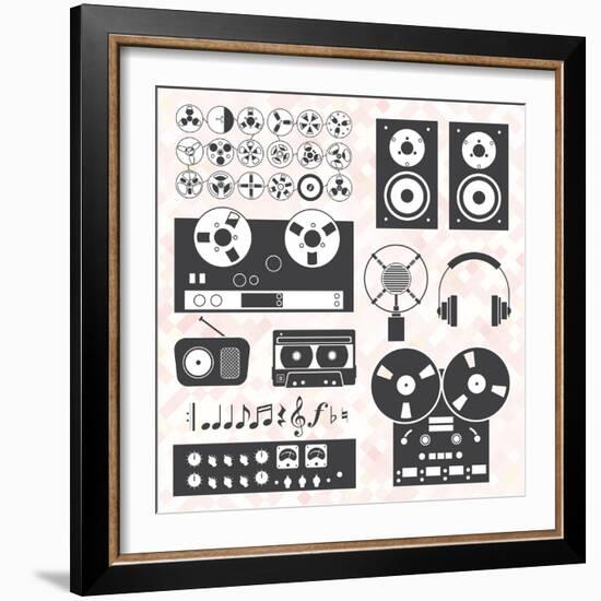 Vector Set: Retro Music Recording Equipment Objects-vreddane-Framed Art Print