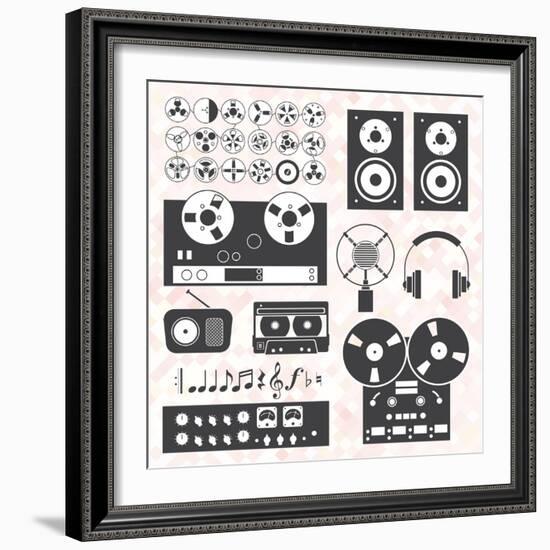 Vector Set: Retro Music Recording Equipment Objects-vreddane-Framed Art Print