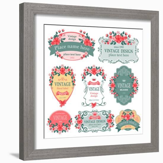 Vector Set. Vintage Labels with Flowers.-Pagina-Framed Art Print