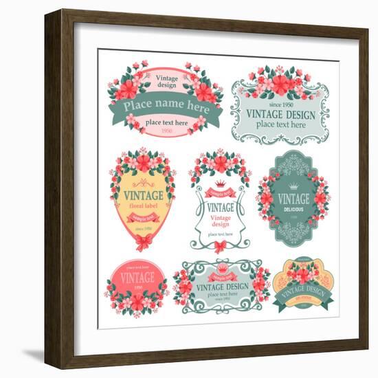 Vector Set. Vintage Labels with Flowers.-Pagina-Framed Art Print