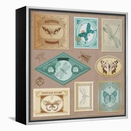 Vector Set: Vintage Post Stamps with Calligraphic Hand Drawn Butterflies - for Design and Scrapbook-woodhouse-Framed Stretched Canvas