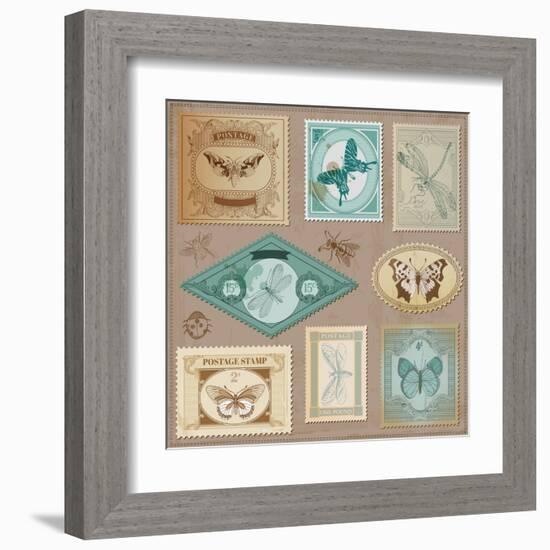 Vector Set: Vintage Post Stamps with Calligraphic Hand Drawn Butterflies - for Design and Scrapbook-woodhouse-Framed Art Print