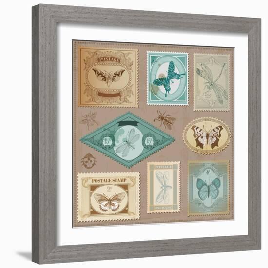 Vector Set: Vintage Post Stamps with Calligraphic Hand Drawn Butterflies - for Design and Scrapbook-woodhouse-Framed Art Print