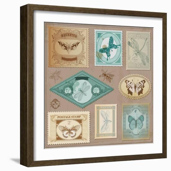 Vector Set: Vintage Post Stamps with Calligraphic Hand Drawn Butterflies - for Design and Scrapbook-woodhouse-Framed Art Print
