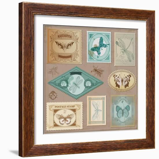 Vector Set: Vintage Post Stamps with Calligraphic Hand Drawn Butterflies - for Design and Scrapbook-woodhouse-Framed Art Print