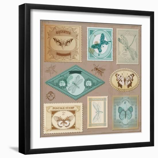 Vector Set: Vintage Post Stamps with Calligraphic Hand Drawn Butterflies - for Design and Scrapbook-woodhouse-Framed Art Print