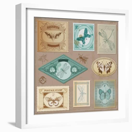 Vector Set: Vintage Post Stamps with Calligraphic Hand Drawn Butterflies - for Design and Scrapbook-woodhouse-Framed Art Print