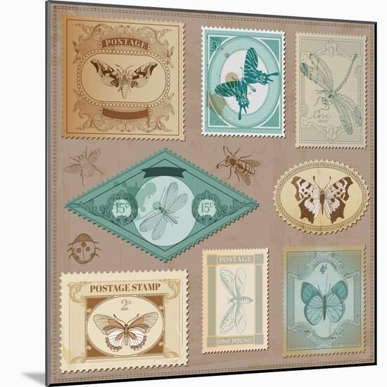 Vector Set: Vintage Post Stamps with Calligraphic Hand Drawn Butterflies - for Design and Scrapbook-woodhouse-Mounted Art Print