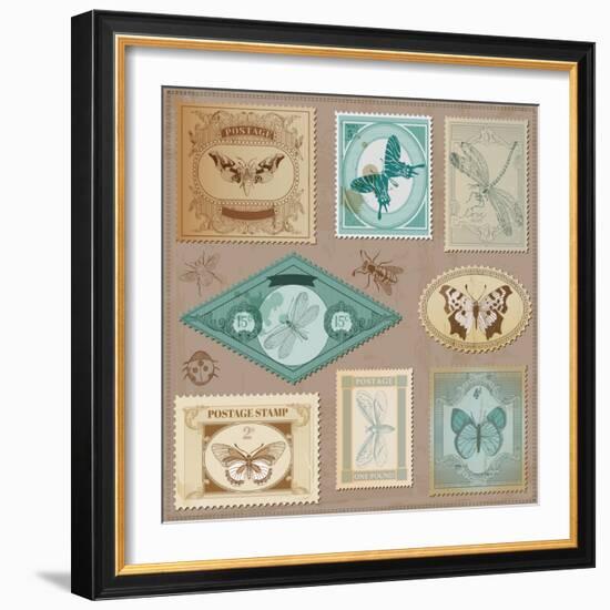 Vector Set: Vintage Post Stamps with Calligraphic Hand Drawn Butterflies - for Design and Scrapbook-woodhouse-Framed Art Print