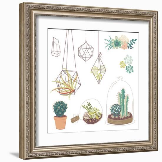 Vector Set with Succulents, Flowers and Glass Terrariums-Alisa Foytik-Framed Art Print