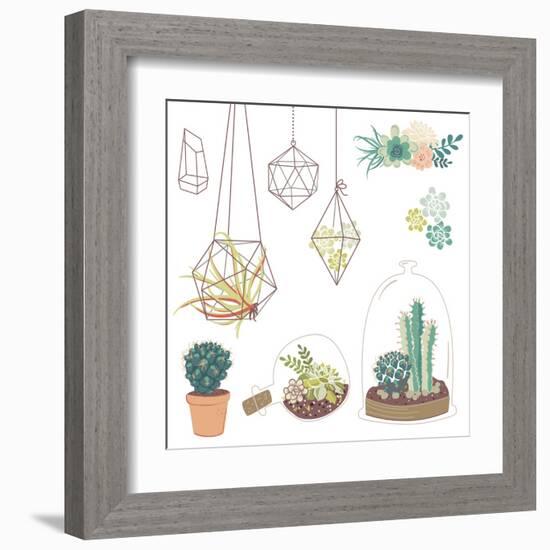 Vector Set with Succulents, Flowers and Glass Terrariums-Alisa Foytik-Framed Art Print