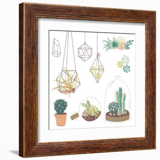 Vector Set with Succulents, Flowers and Glass Terrariums-Alisa Foytik-Framed Art Print