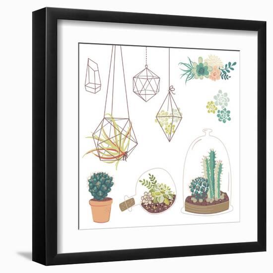 Vector Set with Succulents, Flowers and Glass Terrariums-Alisa Foytik-Framed Art Print