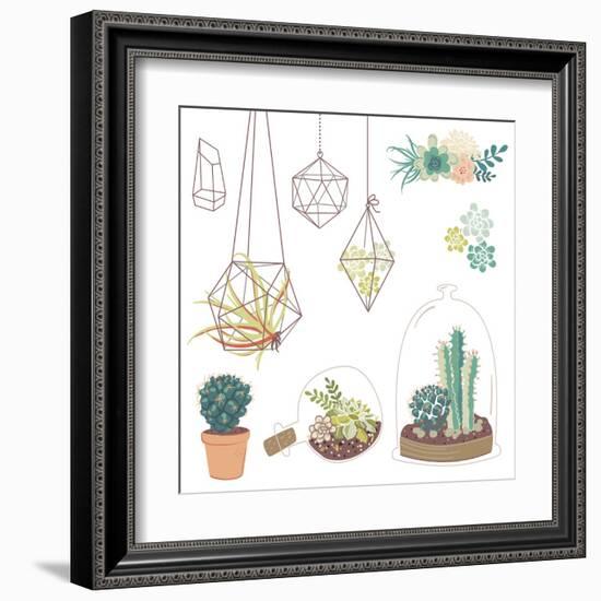 Vector Set with Succulents, Flowers and Glass Terrariums-Alisa Foytik-Framed Art Print