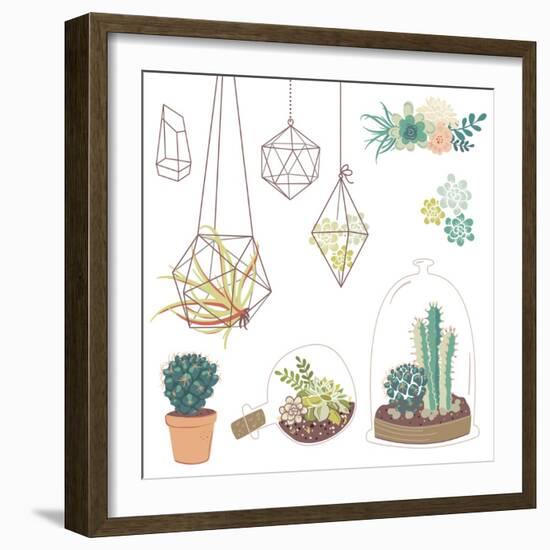 Vector Set with Succulents, Flowers and Glass Terrariums-Alisa Foytik-Framed Art Print