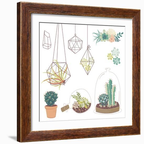 Vector Set with Succulents, Flowers and Glass Terrariums-Alisa Foytik-Framed Art Print