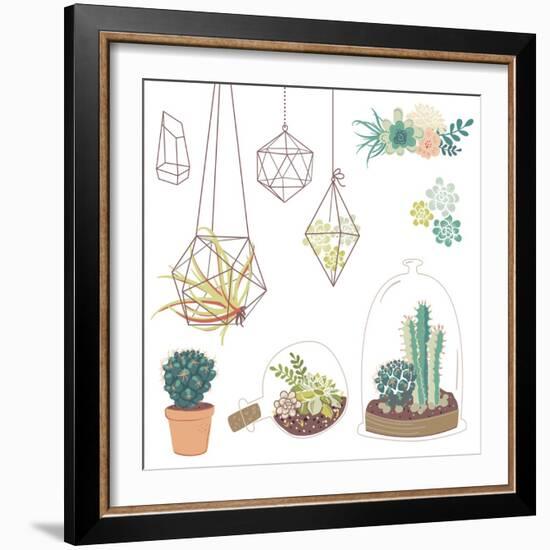 Vector Set with Succulents, Flowers and Glass Terrariums-Alisa Foytik-Framed Art Print