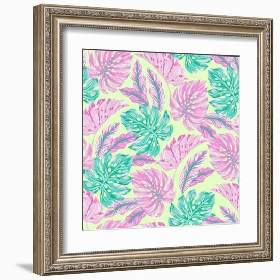 Vector Tropical Pattern with Exotic Leaves-rosapompelmo-Framed Art Print