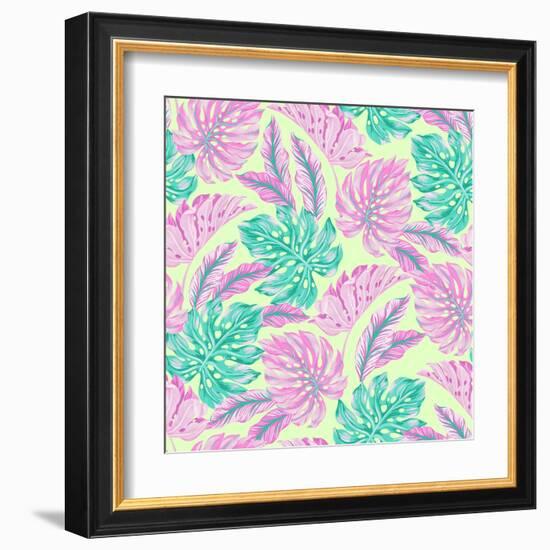 Vector Tropical Pattern with Exotic Leaves-rosapompelmo-Framed Art Print
