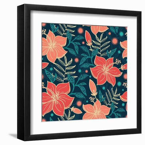 Vector Vibrant Tropical Hibiscus Flowers Seamless Pattern Background-Oksancia-Framed Art Print