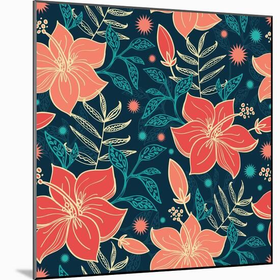 Vector Vibrant Tropical Hibiscus Flowers Seamless Pattern Background-Oksancia-Mounted Art Print