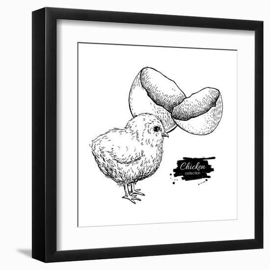 Vector Vintage Hand Drawn Chicken Baby and Egg Shell. Engraved Illustration. Rural Natural Bird Far-Epine-Framed Art Print