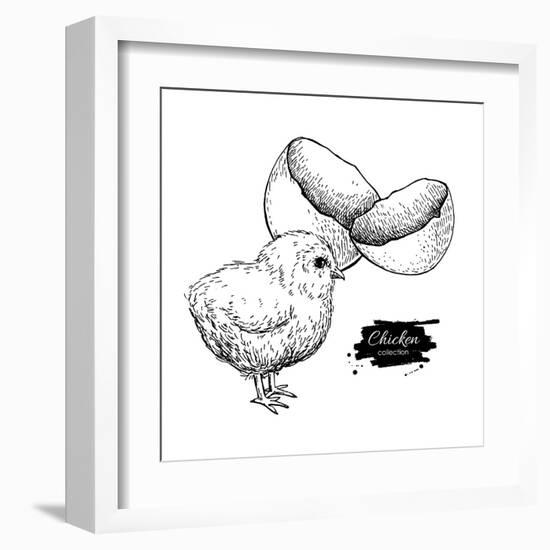 Vector Vintage Hand Drawn Chicken Baby and Egg Shell. Engraved Illustration. Rural Natural Bird Far-Epine-Framed Art Print