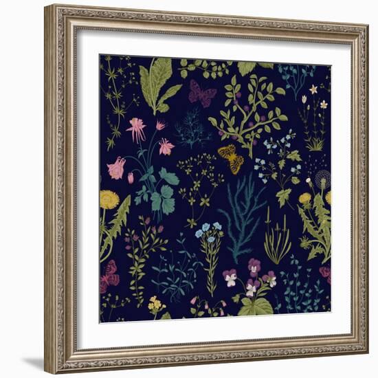 Vector Vintage Seamless Floral Pattern. Herbs and Wild Flowers. Botanical Illustration Engraving St-Olga Korneeva-Framed Art Print