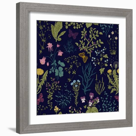 Vector Vintage Seamless Floral Pattern. Herbs and Wild Flowers. Botanical Illustration Engraving St-Olga Korneeva-Framed Art Print