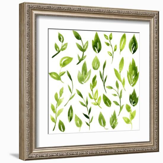 Vector Watercolor Green Leaves and Branches-cat_arch_angel-Framed Art Print