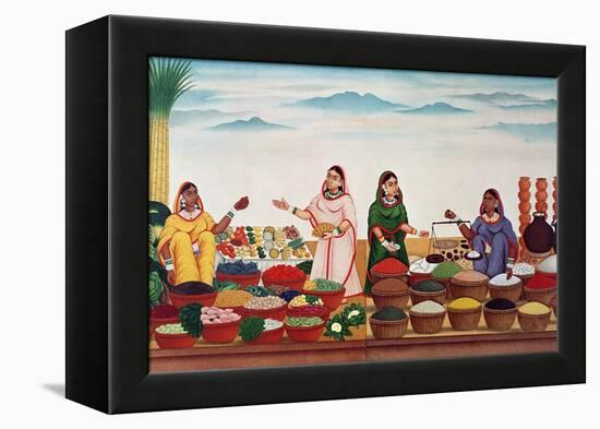 Vegetable and Spice Market at Benares, circa 1840-Indian School-Framed Premier Image Canvas