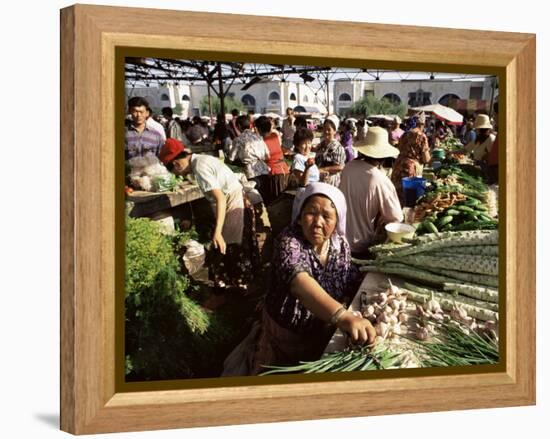 Vegetable Seller, Osh Bazaar, Bishkek, Kyrgyzstan, Central Asia-Upperhall-Framed Premier Image Canvas