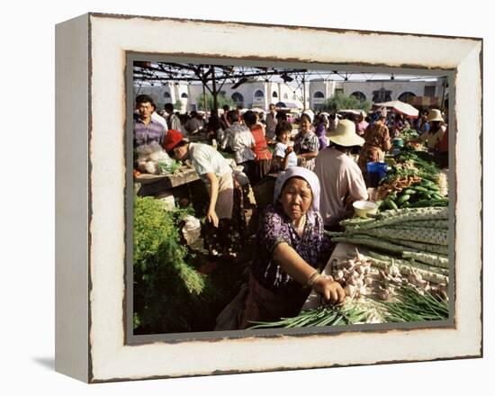 Vegetable Seller, Osh Bazaar, Bishkek, Kyrgyzstan, Central Asia-Upperhall-Framed Premier Image Canvas